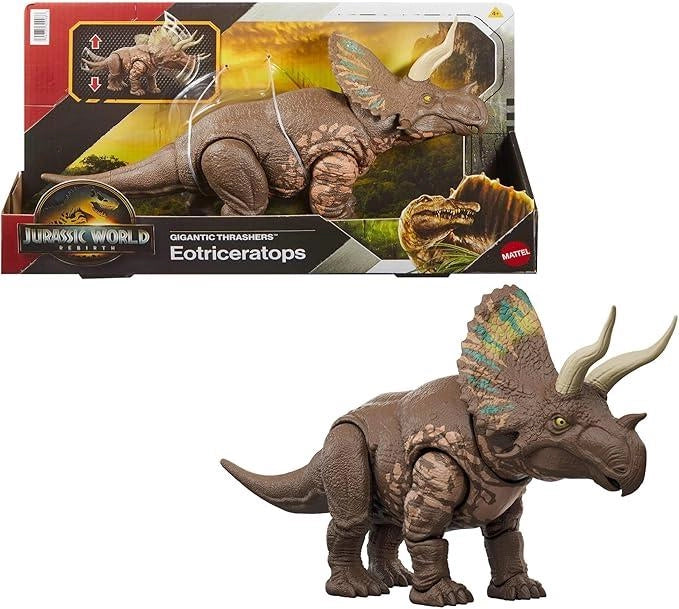 Jurassic World La Rinascita Predatori Giganti, dinosauro giocattolo Eotriceratopo, grandi dimensioni, 2 attacchi furiosi