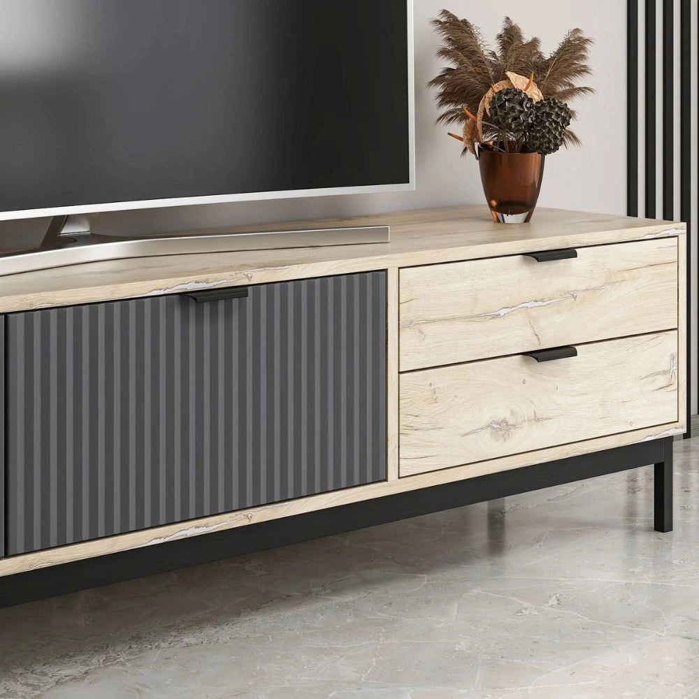 Mobile porta TV Esta rovere chiaro e antracite con effetto cannettato 180x35x47H