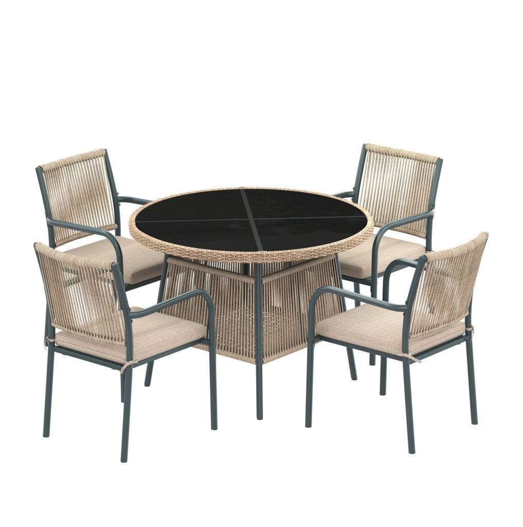 Set da giardino da pranzo 5 pezzi per 4 persone con tavolo in vetro temperato e cuscini; grigio e naturale