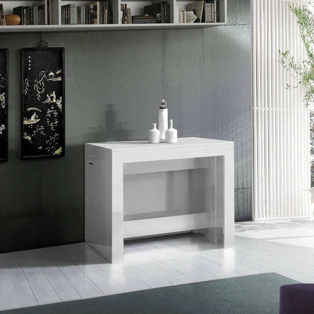 Tavolo da pranzo Anello, Made in Italy, Consolle allungabile fino a 12 posti, con portallunghe, cm 51/300x90h77 Bianco lucido