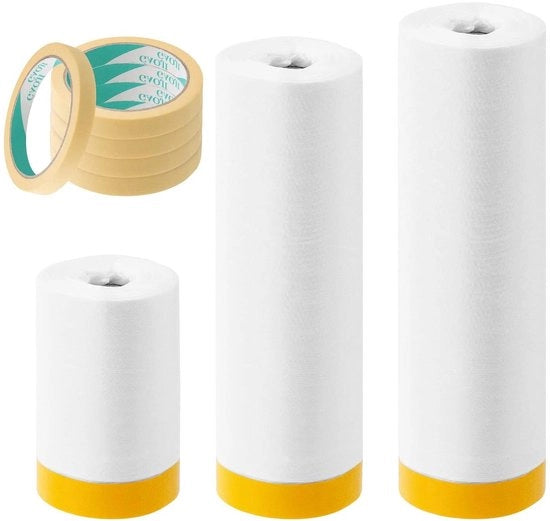 Set di nastro e drape 8 pezzi, 68 metri, con film di mascheratura pre-applicato, carta di mascheratura e 5 pezzi di nastro di carta per rivestimento auto e protezione di mobili