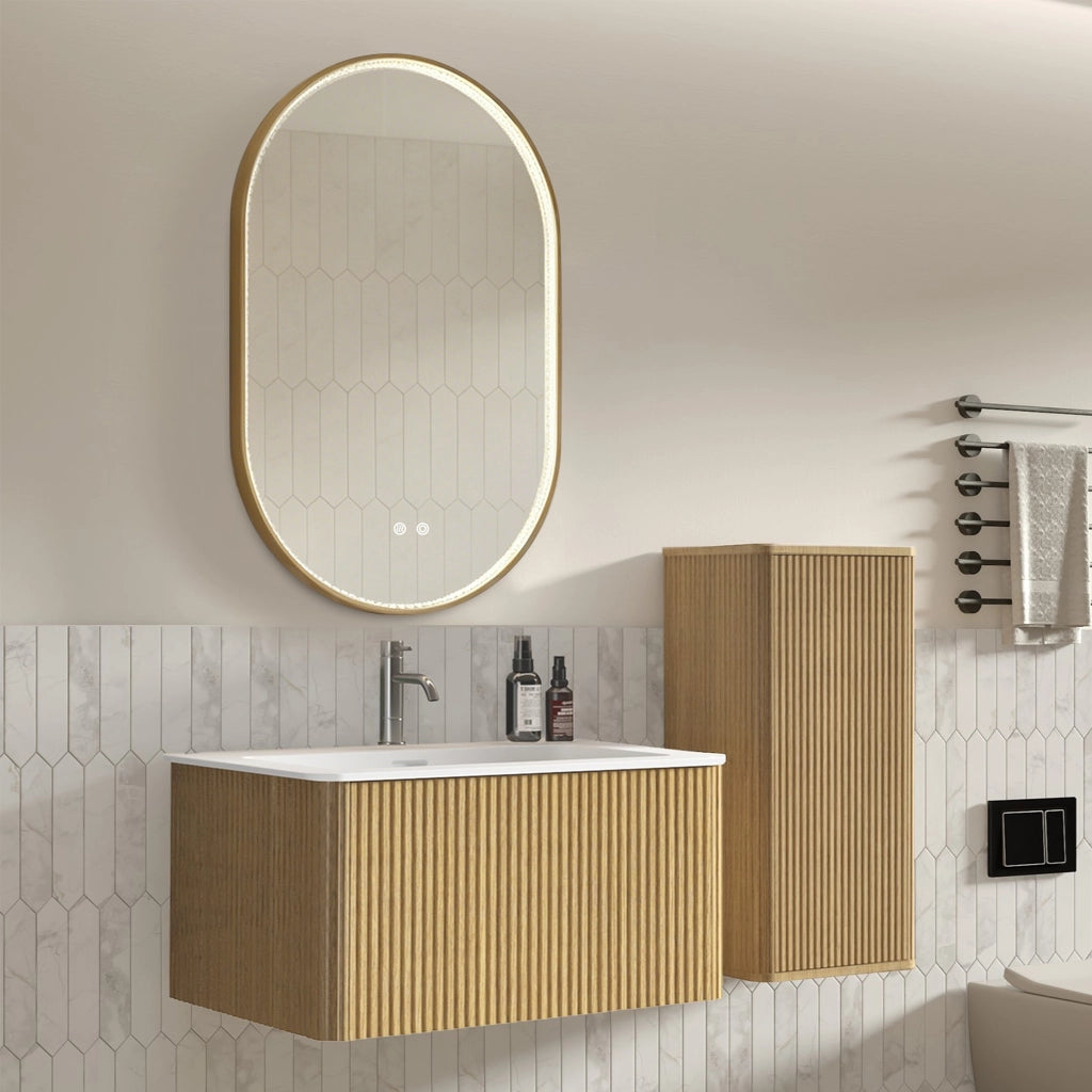 Mobile bagno con lavabo; specchio LED e colonna sospesa con spazio contenitore per bagno; in MDF vetro e rovere