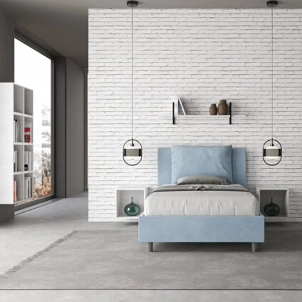 Letto una piazza e mezza con rete imbottito 120x190 microfibra azzurro Antea