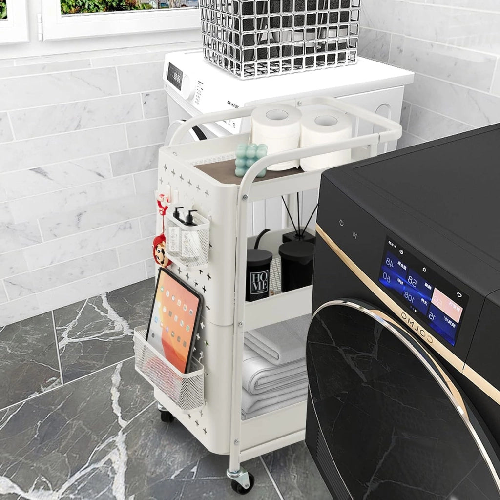 Carrello Mobile in Metallo a 3 Livelli, Carrello con Bordo di Pin, Cestini di Stoccaggio, Ganci, Carrello di Servizio con 4 Ruote, per Cucina, Bagno, Ufficio, 52x33x75cm