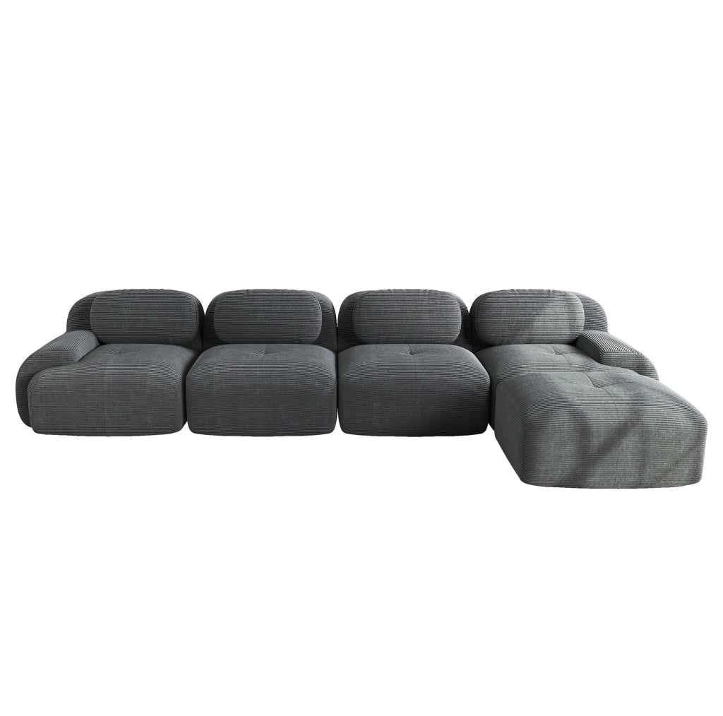 Divano angolare modulare 388x178x70 cm in tessuto effetto velluto a coste grigio; senza montaggio