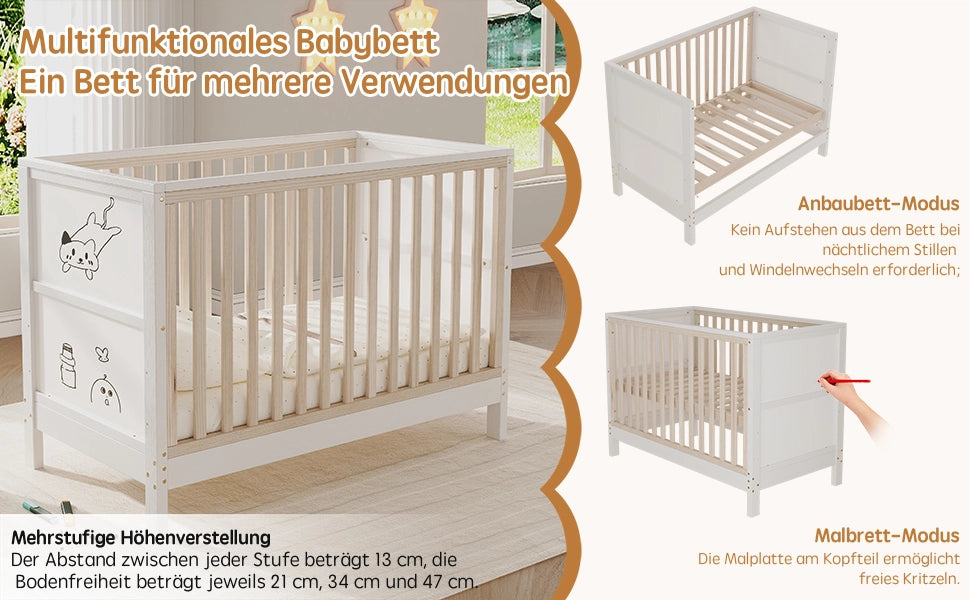 Letto per bambini 120 × 60 cm con tavole da disegno, 3 altezze regolabili, trasformabile in lettino laterale e divanetto, senza materasso, legno massiccio naturale e bianco