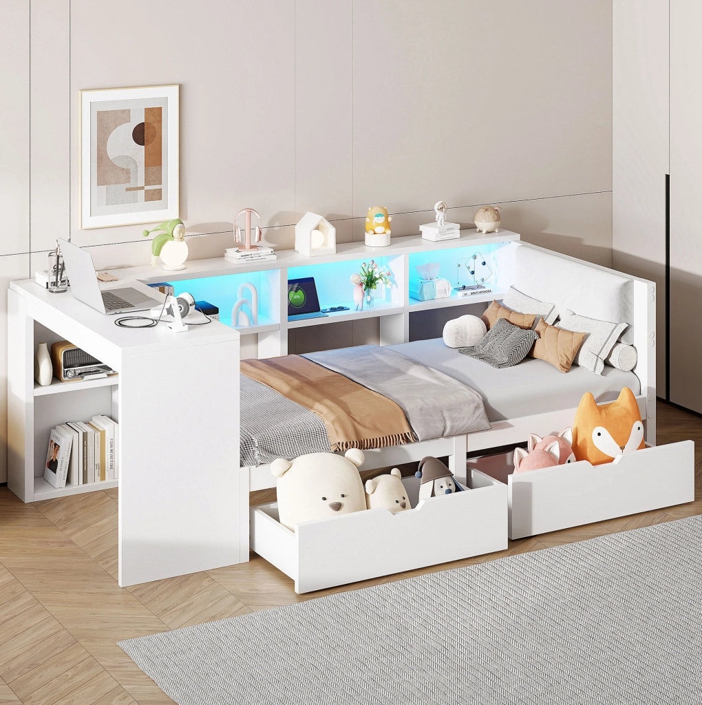 Letto 90x200 cm con testiera imbottita; LED e stazione di ricarica in MDF bianco