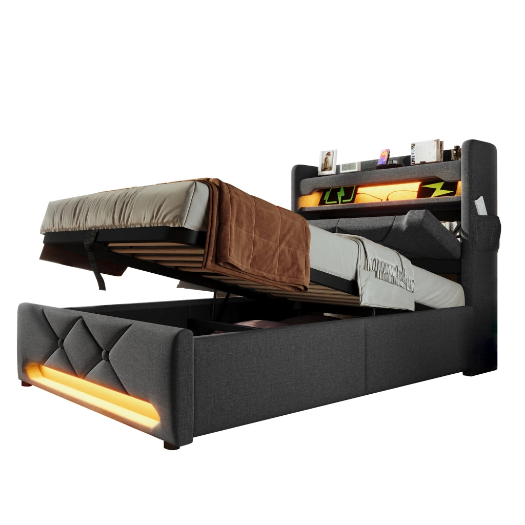 Letto Contenitore 90x200 cm; Letto Singolo - USB; Type-C e LED Regolabile - Grigio