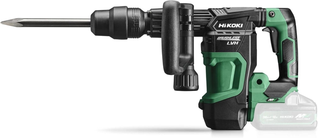 Martello scalpello a batteria SDS-Max – 36 V, 6.8 J Energia di impatto – Motore senza brushless, manico a bassa vibrazione, compatto e leggero, controllo a 4 marce, luce LED – Con valigetta per