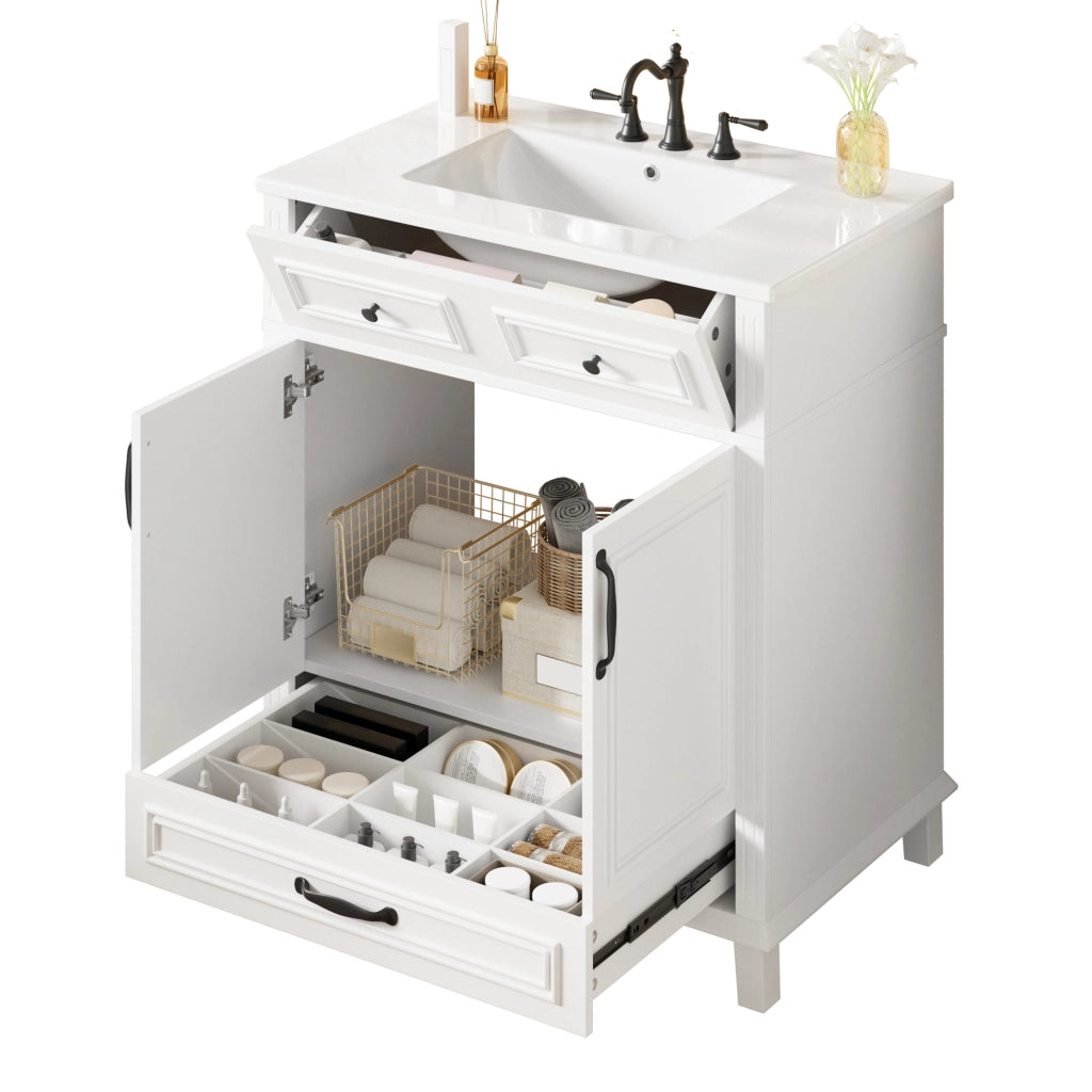 Mobile bagno con lavabo integrato in ceramica 77x46x86 cm bianco in MDF laccato con ante soft-close e 9 vani