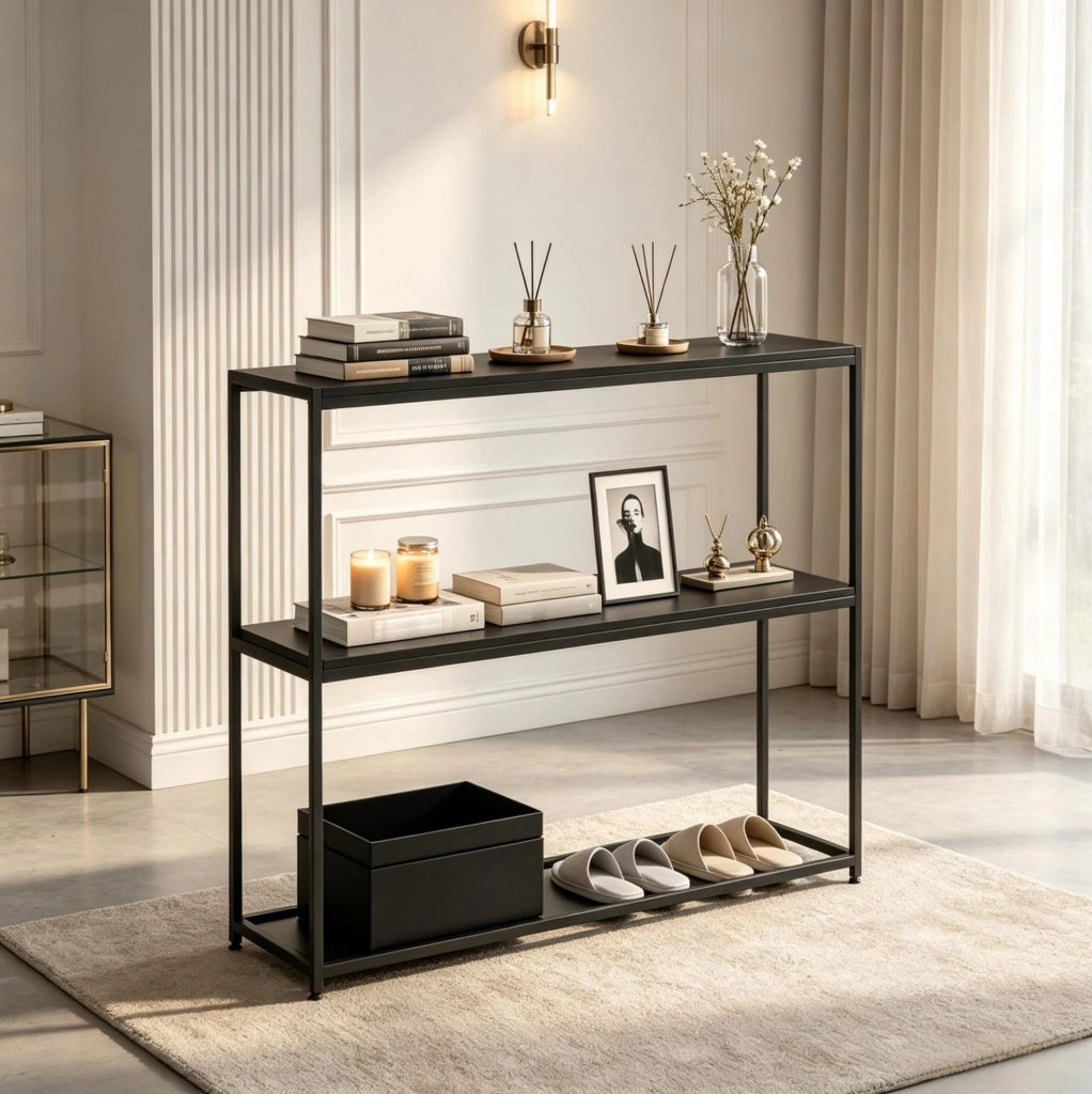 Consolle nera in acciaio e truciolare a 2 ripiani 100 x 30 x 87 cm