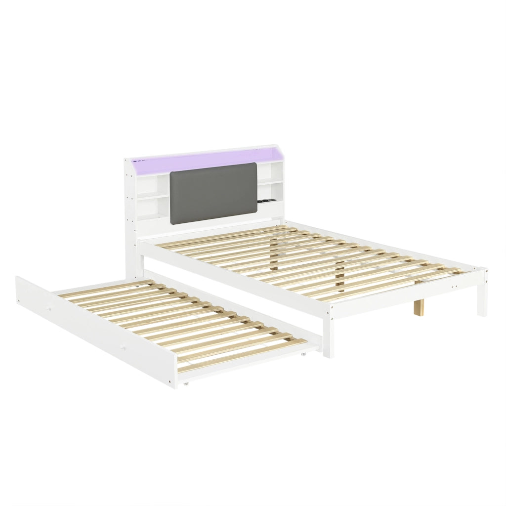 Letto 120x200 cm con letto estraibile; testiera imbottita; LED in legno bianco