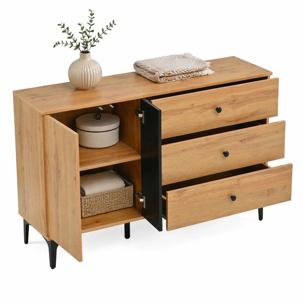Sideboard moderno in PB naturale e nero 120x35x76 cm con armadio e 3 cassetti