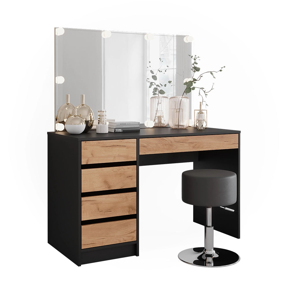 Vicco Tavolo da toilette Antracite/quercia dorata 120 x 75 cm con illuminazione a LED e sgabello