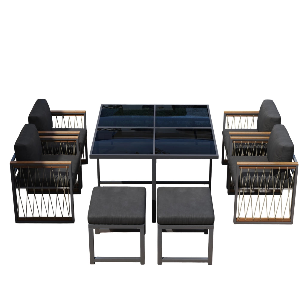 Set da pranzo da esterno 6 posti con tavolo 117x117 cm; vetro temperato nero; nero/naturale