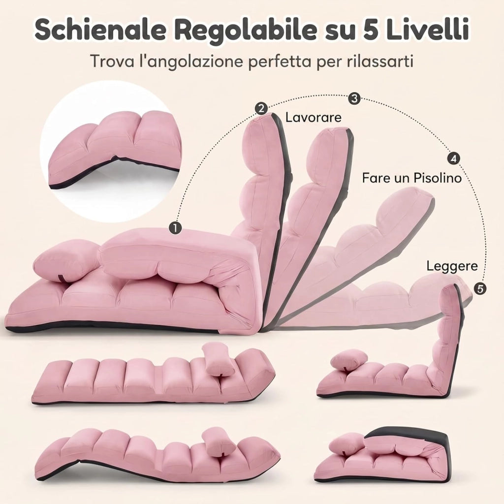 Poltrona Relax, Sedia Pieghevole da Pavimento, Divano Letto da Terra con Cuscino e Schienale Regolabile in 5 Posizioni, Sedia Imbottita Relax per Soggiorno, Camera da Letto (Rosa)