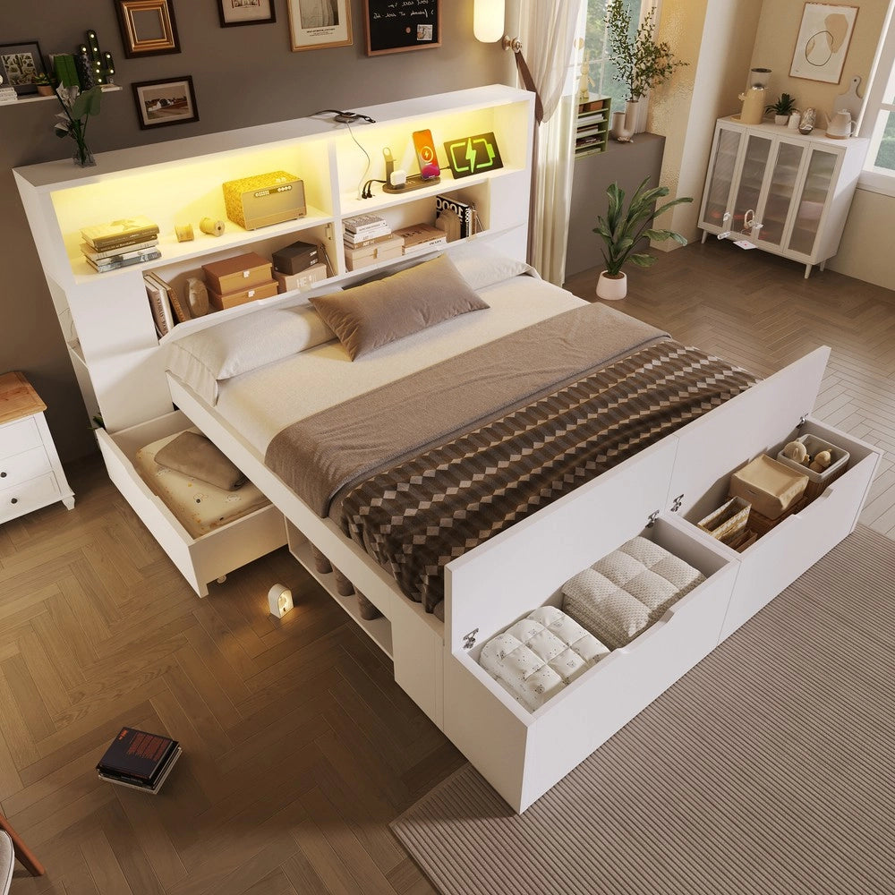 Letto Contenitore 140x200 in Legno con LED, Cassetti e Rete a Doghe ¨C MINIMAL ¨C Bianco