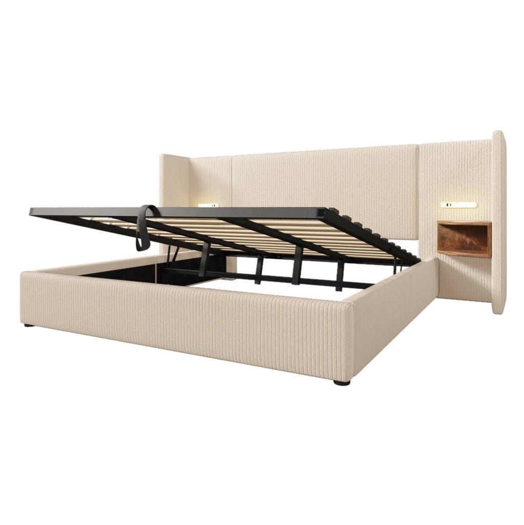 Letto matrimoniale 180x200 cm con contenitore; testiera con mensola e luce LED; tessuto corduroy beige