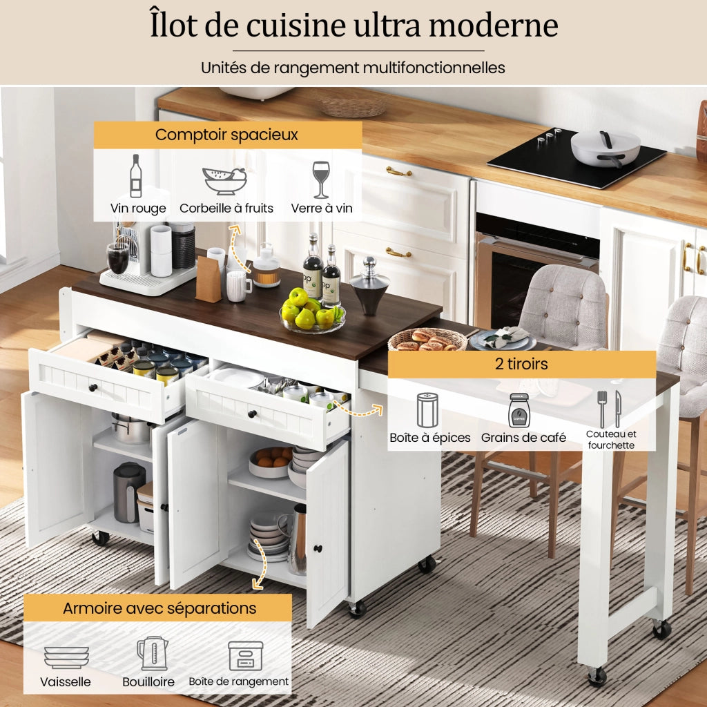 OKWISH Carrello da cucina con piano estensibile, cassetti e ruote con freno, in MDF, bianco noce, 112 x 45 x 92.2 cm