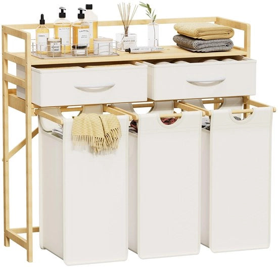 Wascazzo 3 Compartimenti, 120L con Sostegno e 2 Cassetti, Raffreddatore, Sistema di Raffreddamento, Wascio, Armadio con Sacchetto di Lavaggio Rimovibile, Bianco