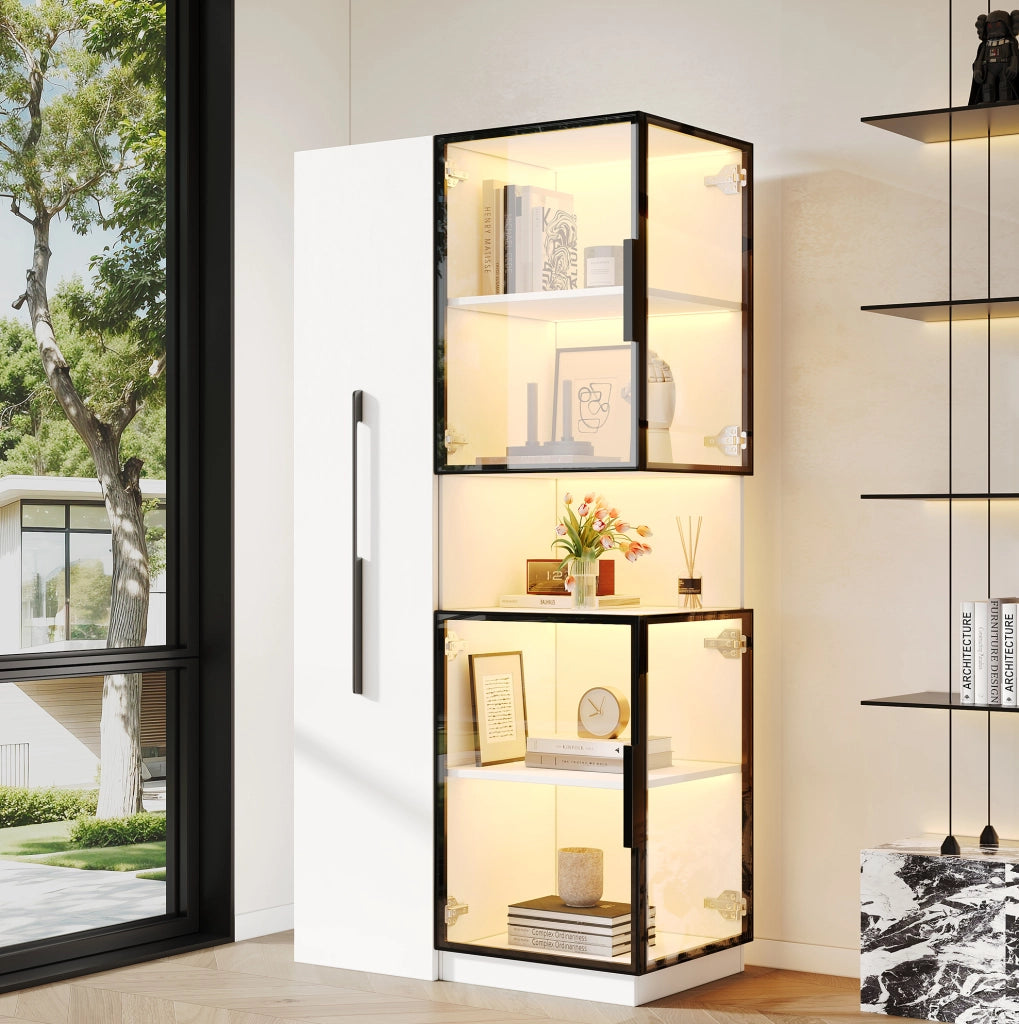 Vetrina alta 70x38x160 cm con ripiani estraibili; in MDF e vetro bianco