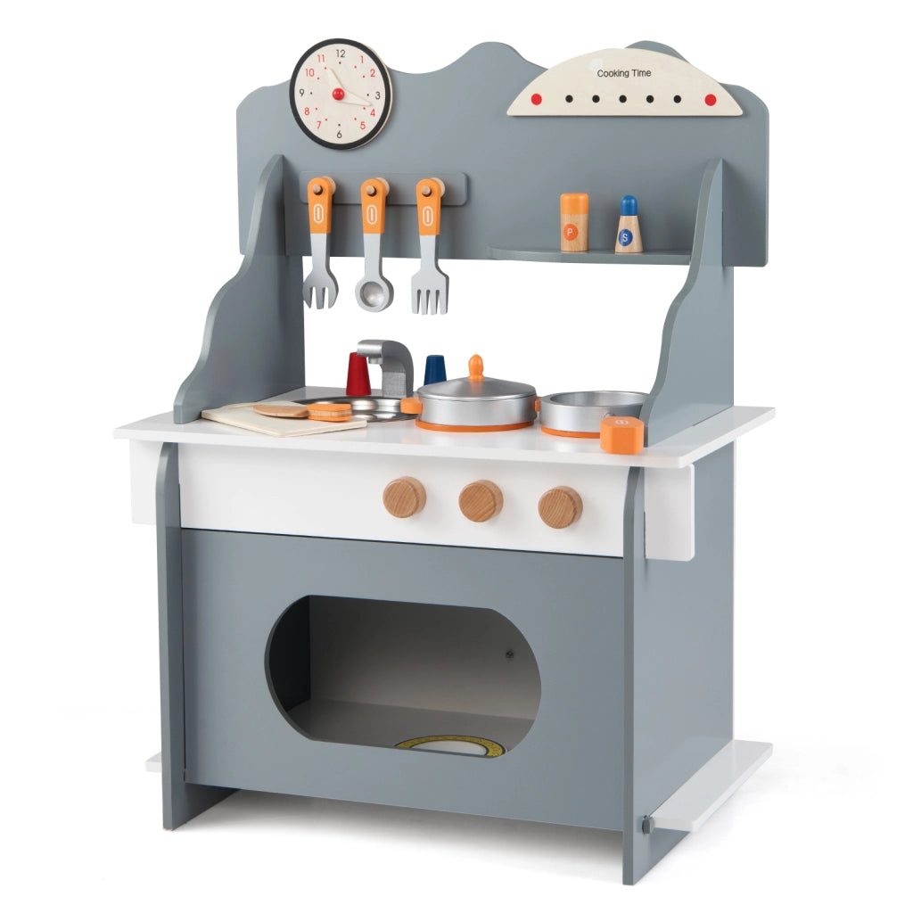 Cucina giocattolo legno bambini finzione orologio fornello porta spezie-Cucina rubinetto lavandino forno accessori completi bambini 3+anni Grigio