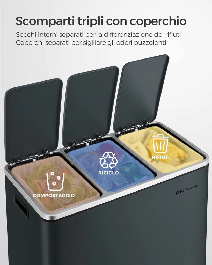 SONGMICS Cestino da Cucina, Pattumiera per Raccolta Differenziata 3 x 18L, 3 Scomparti per Riciclaggio, Coperchi a Chiusura Morbida, Pedali, Acciaio, Grigio Verdastro LTB54GS