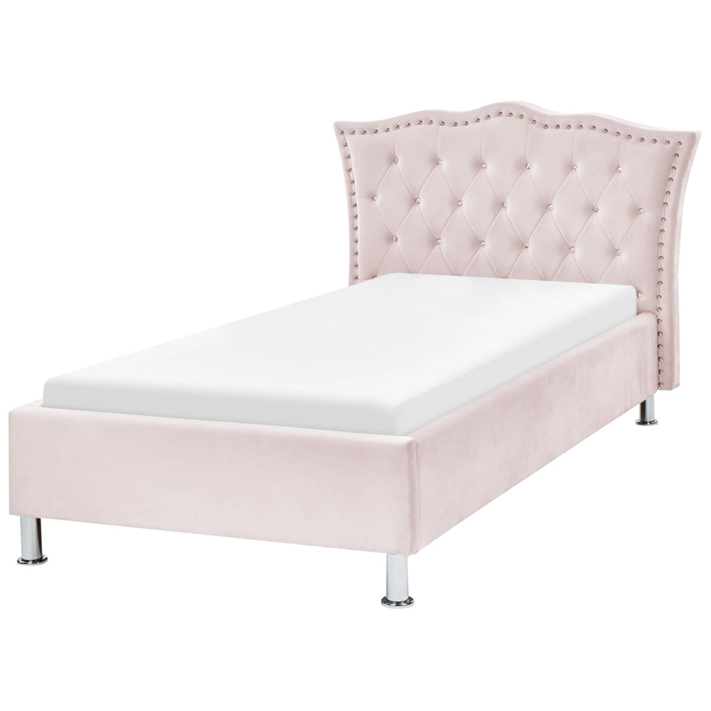 Letto singolo Rosa Pastello Velluto imbottito Telaio con decorazione rete a doghe Bottoni di cristallo Poggiatesta Camera da letto Moderna Glam