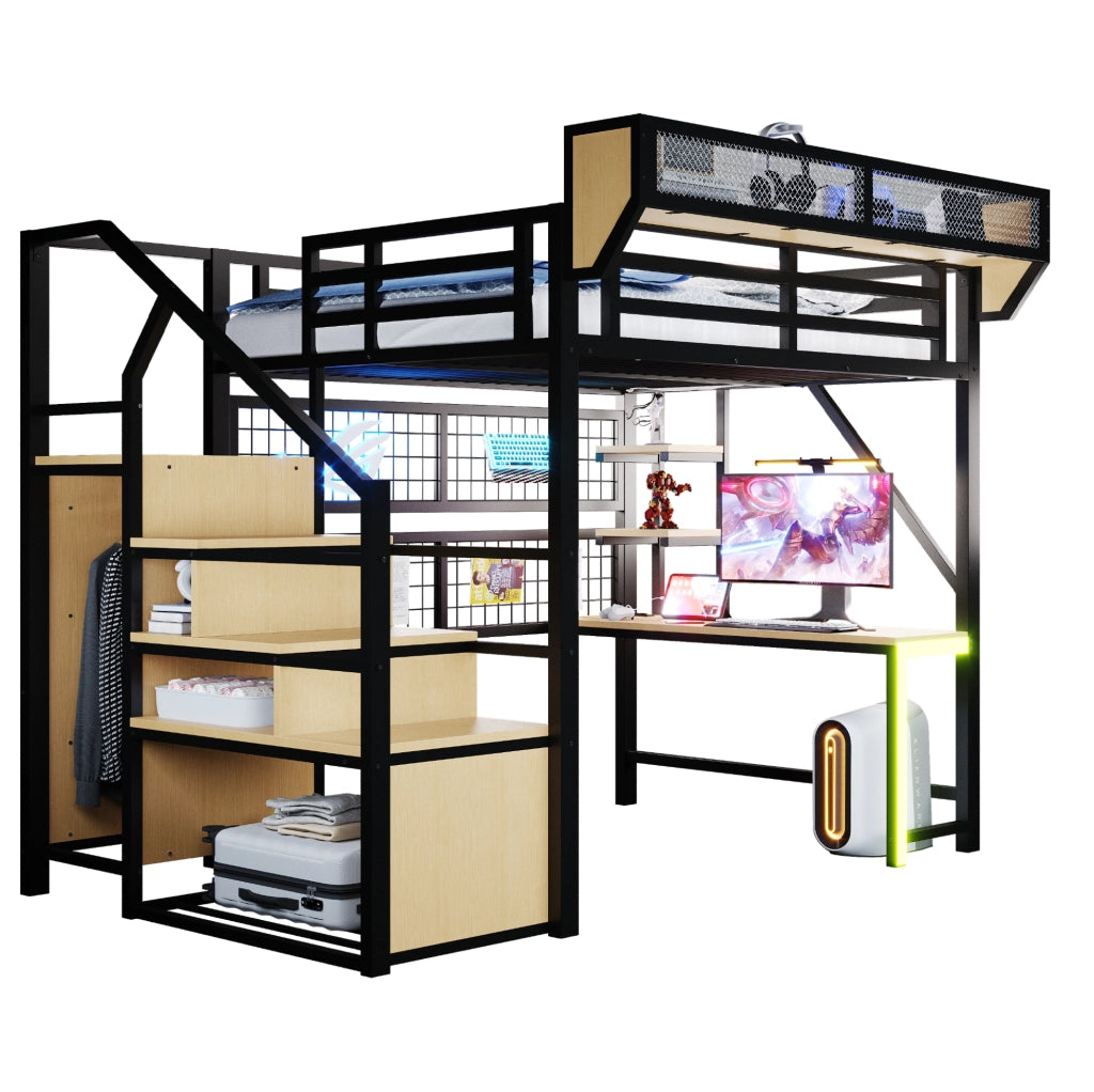 Letto a soppalco in metallo 140x200 cm con scrivania; ripiani; LED e prese; nero