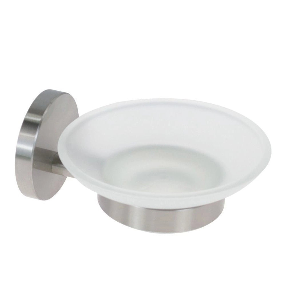 Trade Shop - Porta Sapone In Acciaio Satinato Con Piattino Vetro Satinato Accessori Da Bagno 87905 -