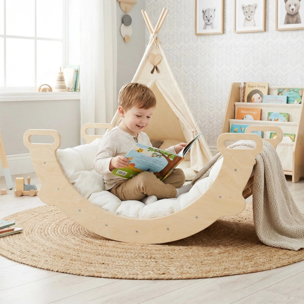 Arco arrampicata per bambini con cuscino scala montessori 3-in-1 per arrampicata, Arco giocattolo in legno Legno naturale-Arrampicate e scivoli