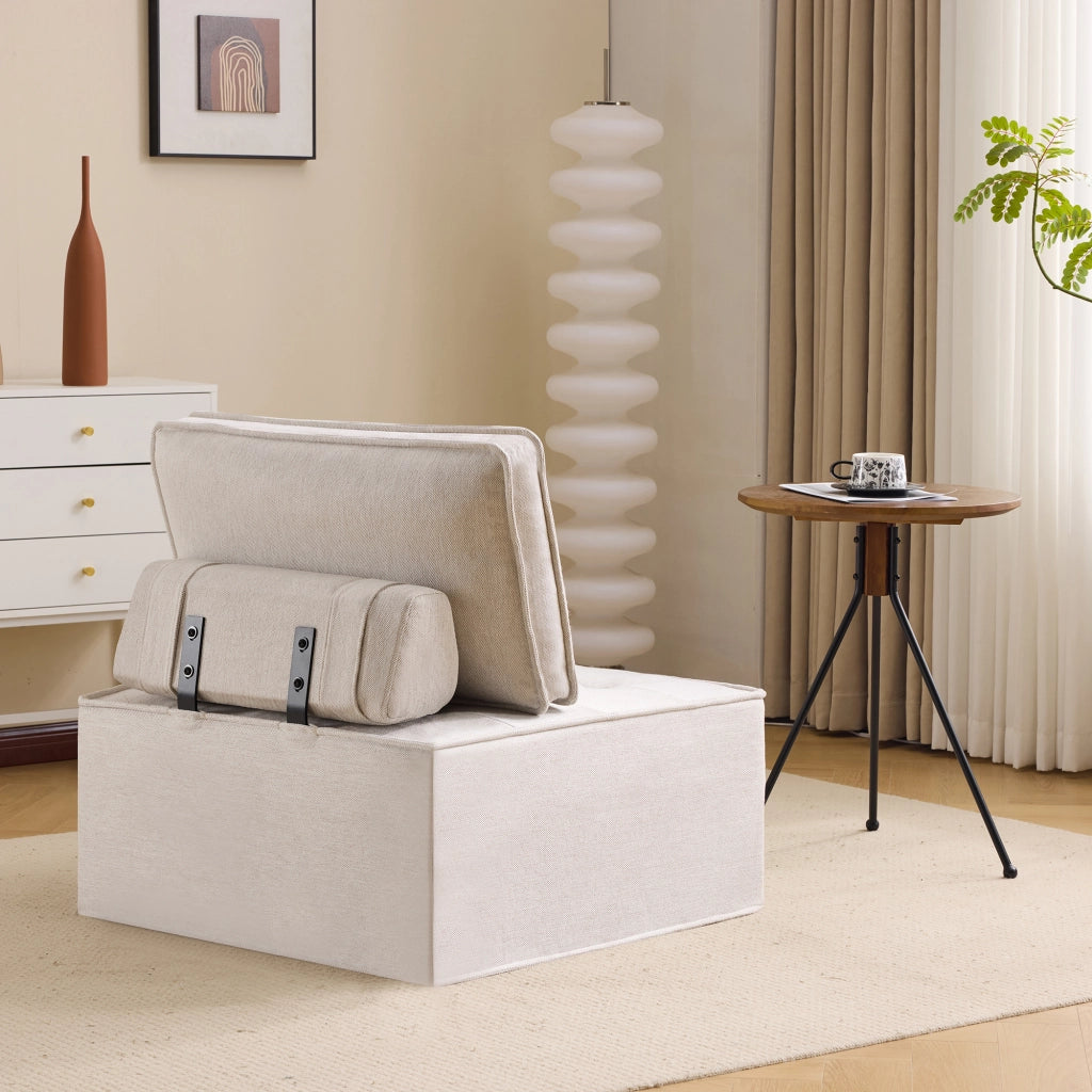 Divano modulare compatto con schienale ergonomico e rivestimento in lino beige facile da spostare per piccoli spazi
