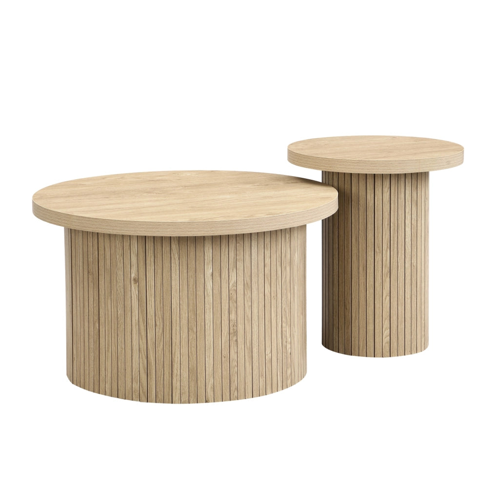 Set di tavolini rotondi moderni in MDF effetto legno naturale; 66 cm e 40 cm