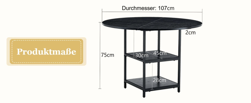 Tavolo da pranzo rotondo per 2-4 persone con doppio ripiano aperto, in MDF e metallo, nero, diametro 107 cm