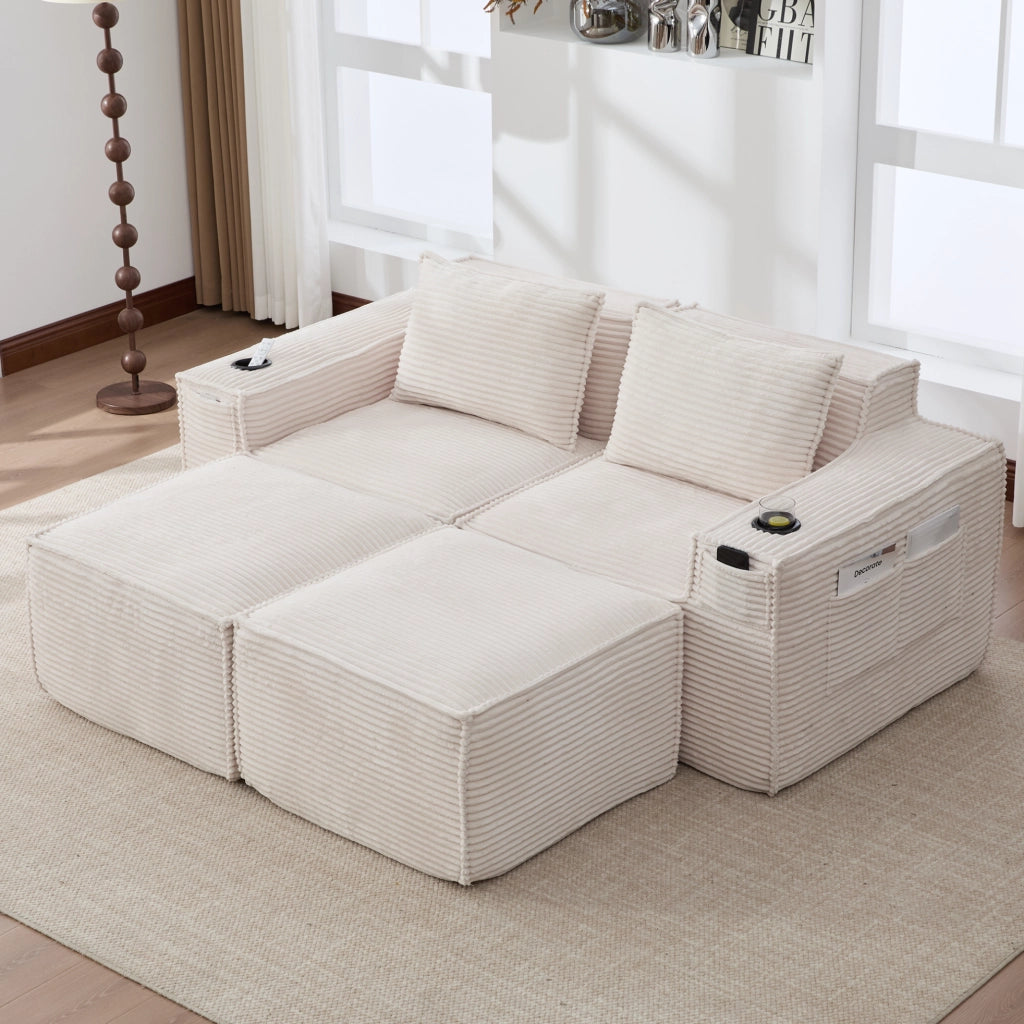 Divano modulare in velluto a coste beige con portabevande e tasche