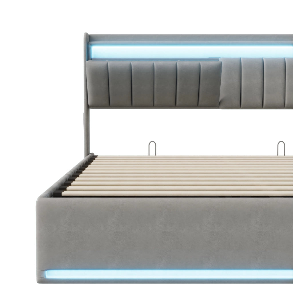 Letto matrimoniale 160x200 con contenitore; letto matrimoniale contenitore con testiera LED; struttura letto matrimoniale imbottita in velluto grigio