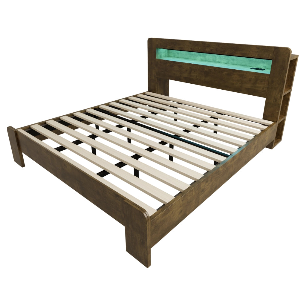 Letto Contenitore 180x200 cm con Mensole; LED e Prese in Legno Vintage per Camera