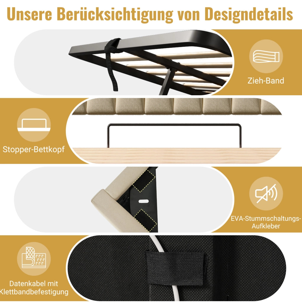 Letto matrimoniale 90x200 cm con LED; USB e Type-C; contenitore idraulico; con materasso; beige