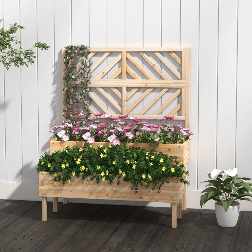 Cassetta da giardino rialzata a 2 livelli con trellis gambe foro di drenaggio, Contenitore per piante da patio-Fioriere