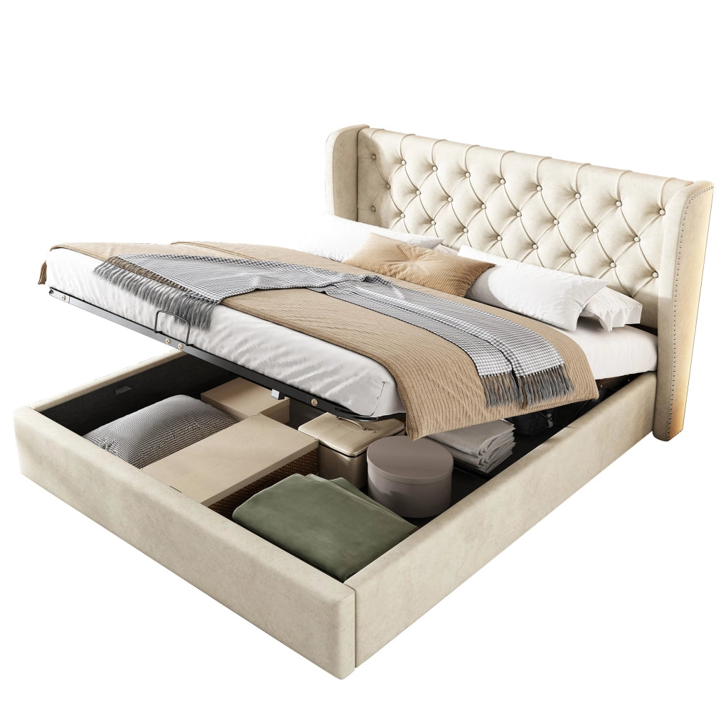 Letto matrimoniale imbottito 140x200 cm in velluto grigio; stile Chesterfield con contenitore e rete