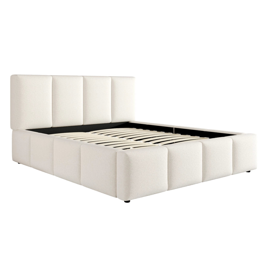 Letto matrimoniale imbottito 160x200 cm con rete a doghe e testiera in bouclé beige