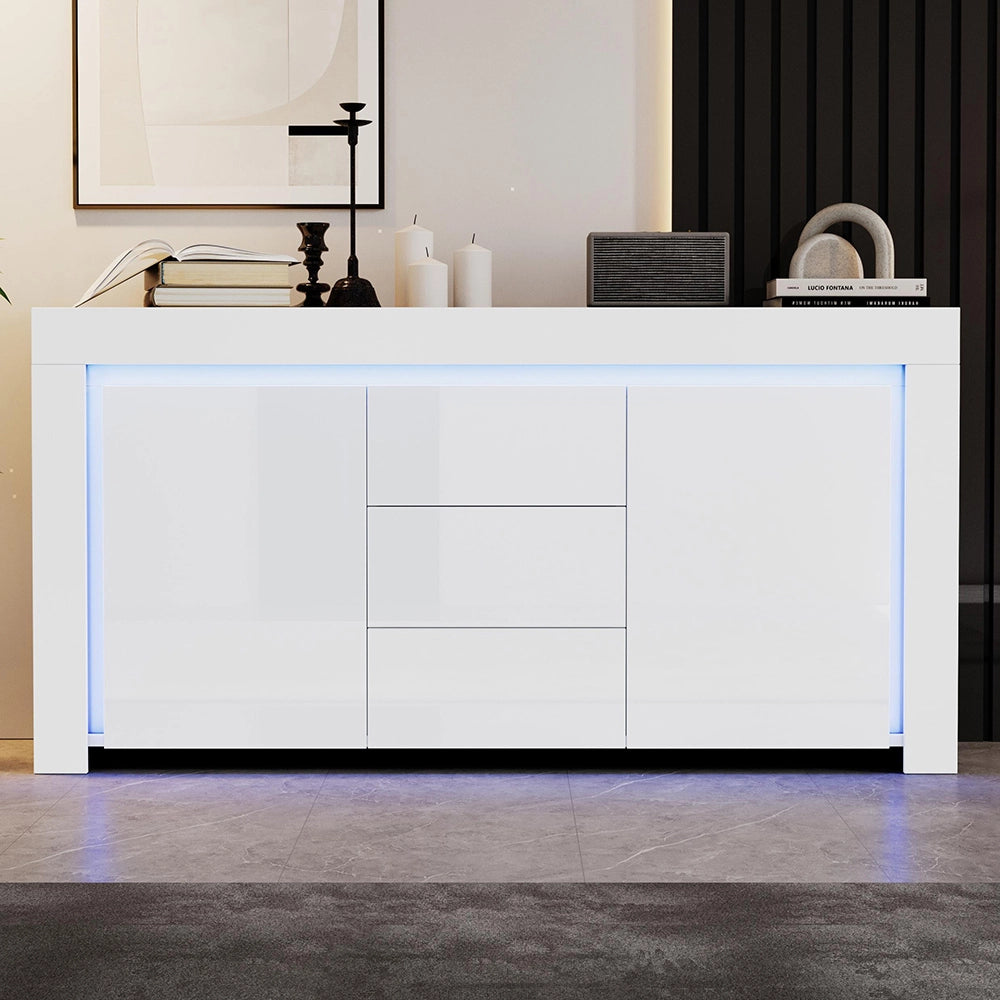 Credenza Soggiorno 140x40x65cm - Xylo - 3 Cassetti e 2 Ante Lucide con LED, Bianco