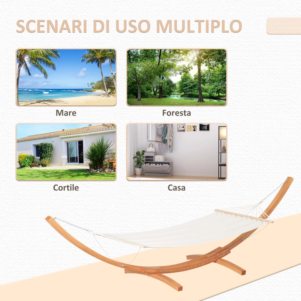Amaca con Supporto in Legno e Cotone, Amaca da Giardino per altri Spazi Esterni, 392x120x102cm, Bianca