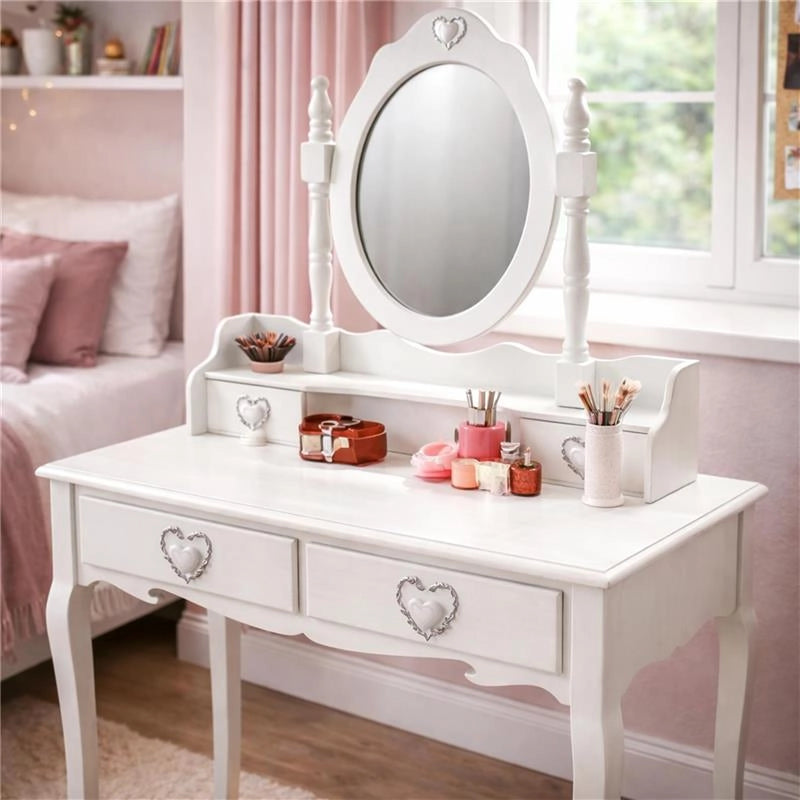 MA MAISON TOELETTA BIANCA IN LEGNO 75X40X70 CM CON SPECCHIO E 4 CASSETTI A CUORE, VANITY TABLE SHABBY CHIC PER CAMERETTA