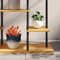 Supporto Piante Interno Mensola Piante a 6 Livelli, Telaio in Acciaio, Base in Legno Massiccio, 80 x 24 x 61,5 cm, Legno Naturale