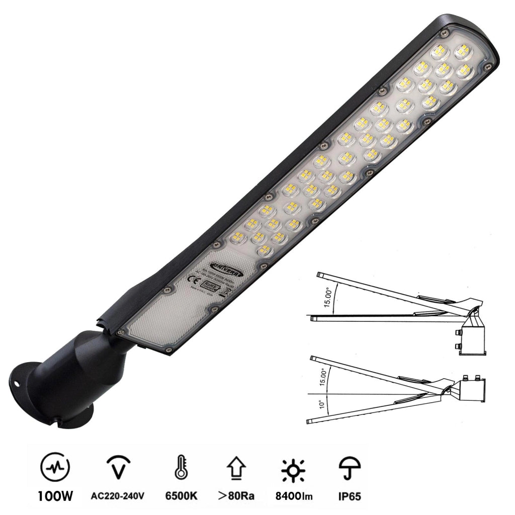 Faro armatura stradale SLIM IP65 lampione LED 100W basculante inclinabile 90 gradi luce esterni viale giardino 8400lm 230V