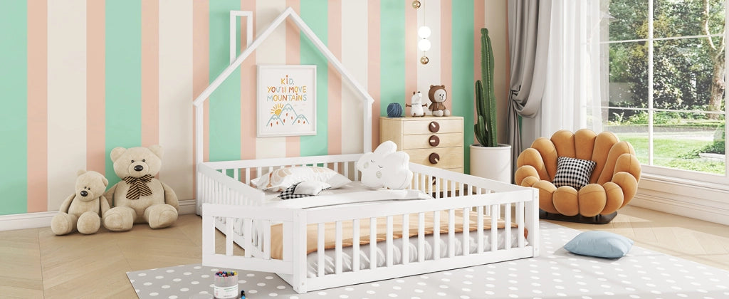 DESMIU Letto a casetta per bambini 140 × 200 cm 2 posti con barriera di sicurezza, senza materasso, pino bianco