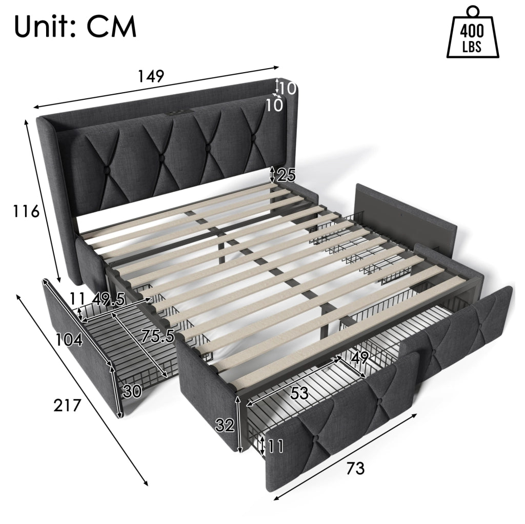 Letto matrimoniale imbottito 140x200 cm con 4 cassetti; ricarica USB e prese; grigio