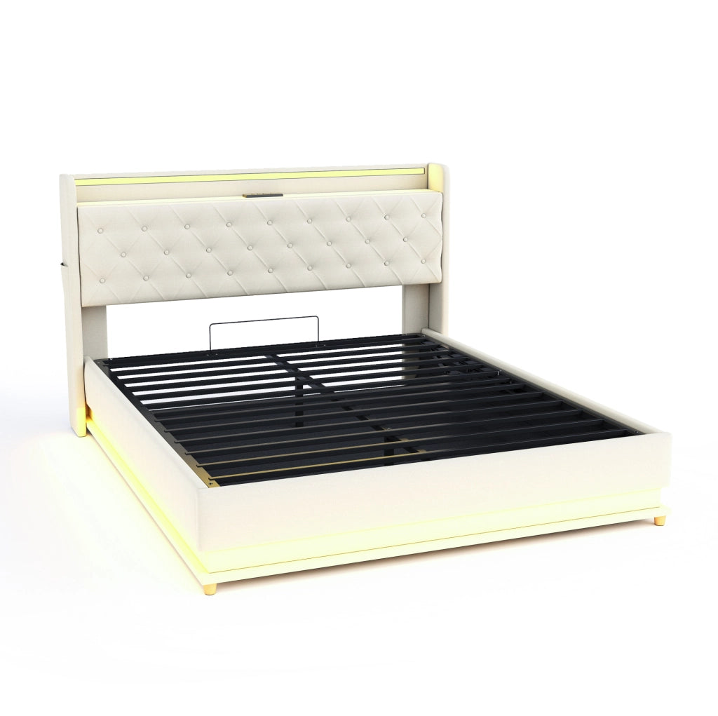 Letto imbottito 160x200 cm con LED, USB e contenitore idraulico