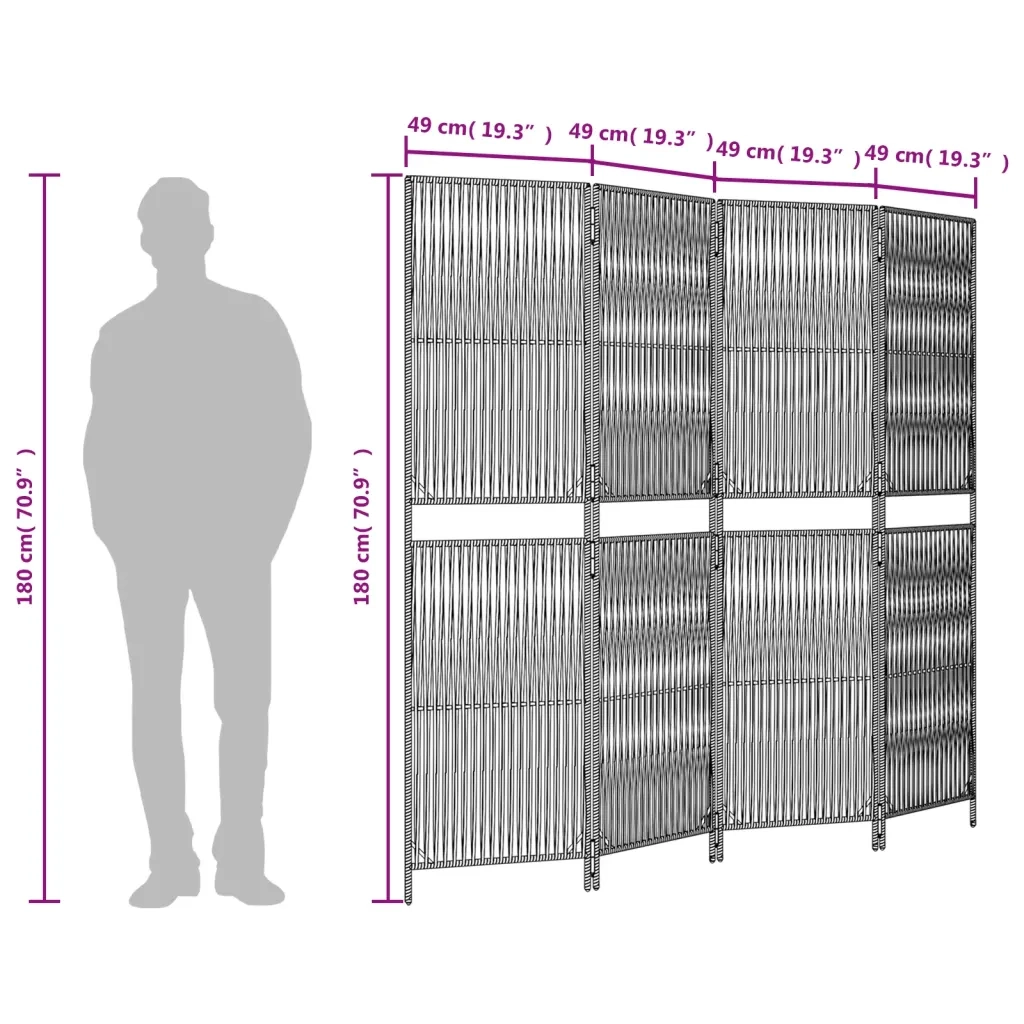 Divisorio per Ambienti | Divider per stanze | Paravento a 4 Pannelli Marrone in Polyrattan